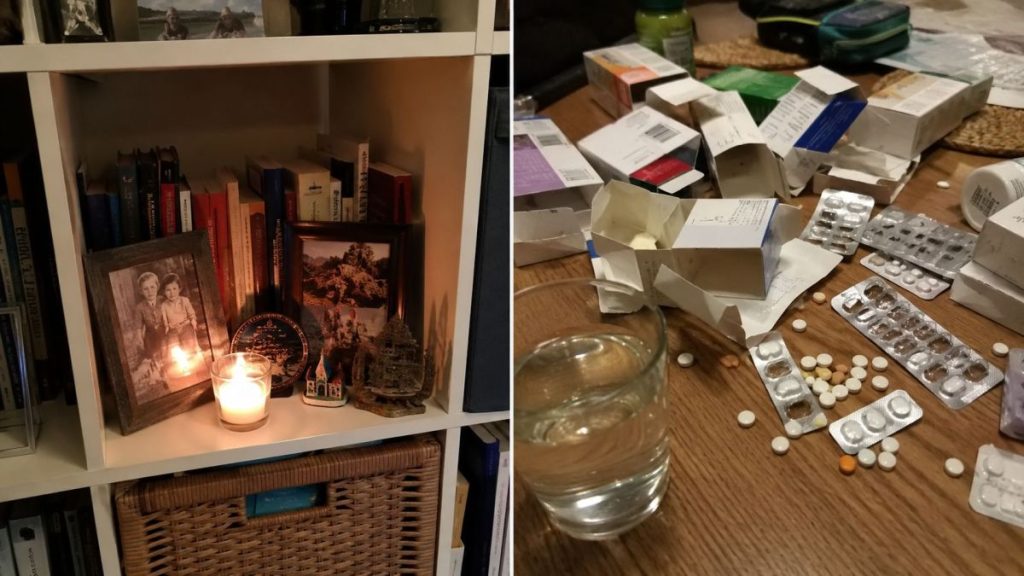 Elderly parents safety mistakes, candle inside furniture and mixing up medication.