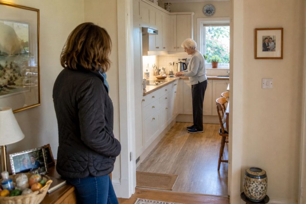 Adult child observing an elderly parent at home in a calm daily living setting.