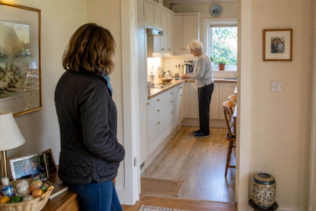 Adult child observing an elderly parent at home in a calm daily living setting.