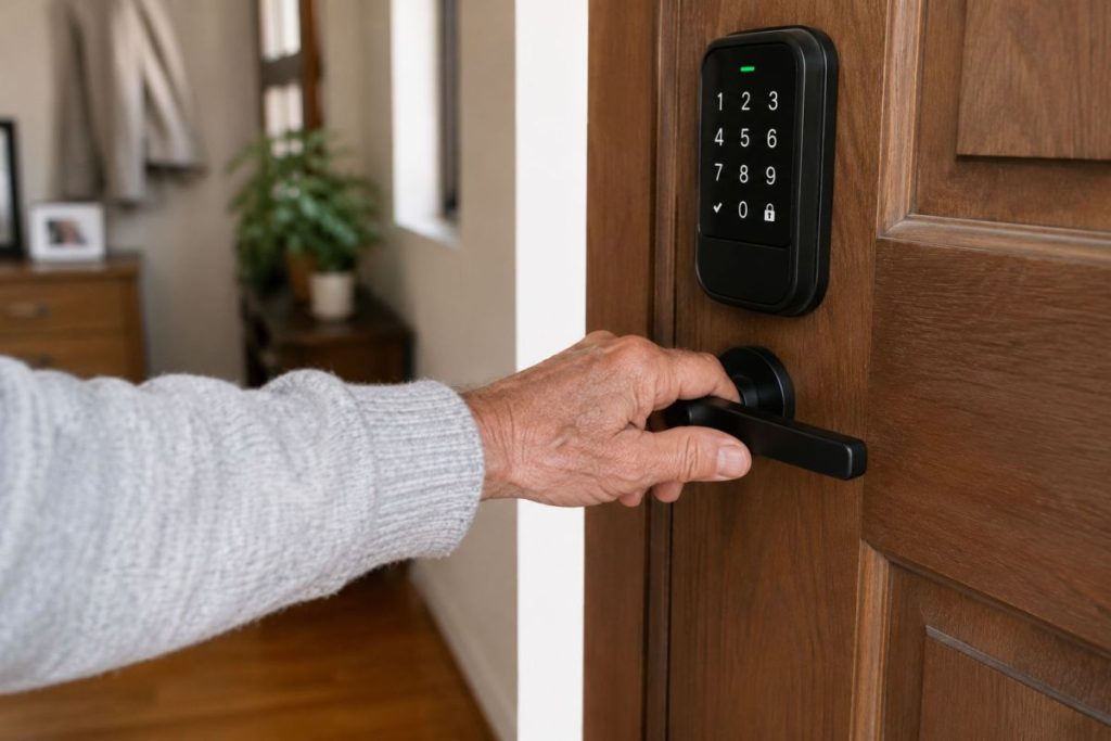 Elderly person using a smart door lock at home.
