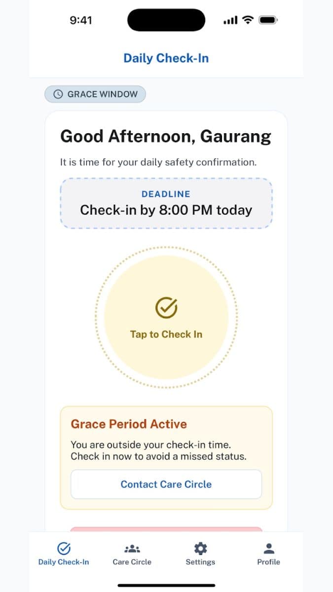 Allwell Check senior daily safety check-in screen