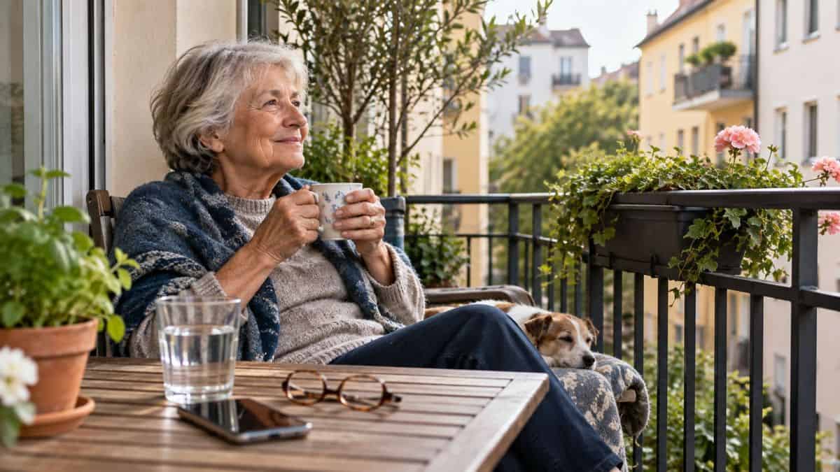 Woman in her 70s relaxing on a small European balcony, surrounded by plants, with a phone, glasses and water on the table.