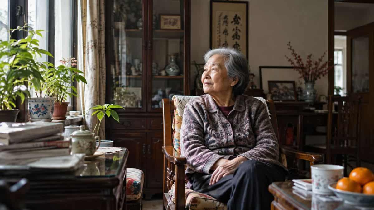 Elderly East Asian woman sitting alone in her living room, surrounded by traditional furniture and household objects.