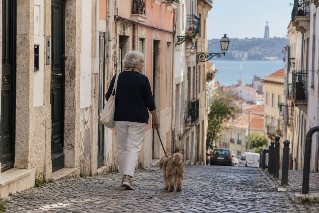 Older woman walking her dog down a residential street in Lisbon, representing independent everyday life in later age.