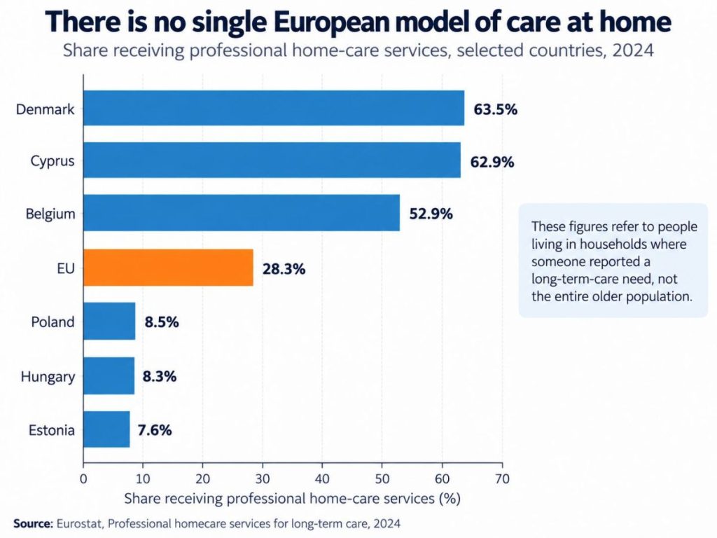 Horizontal bar chart showing professional home-care use among people in households with long-term-care needs in selected EU countries in 2024, ranging from 63.5% in Denmark to 7.6% in Estonia.