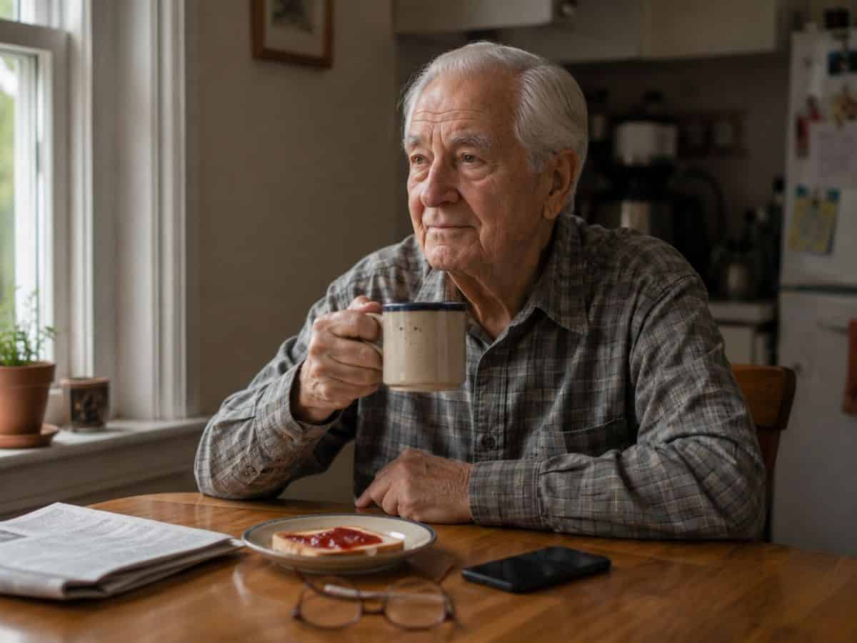Older adult with a smartphone closeby, independent at home