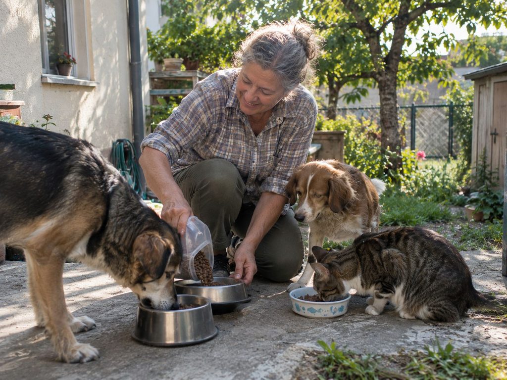 Smiling older woman kneeling in her sunny garden, pouring food into bowls for two dogs and a tabby cat