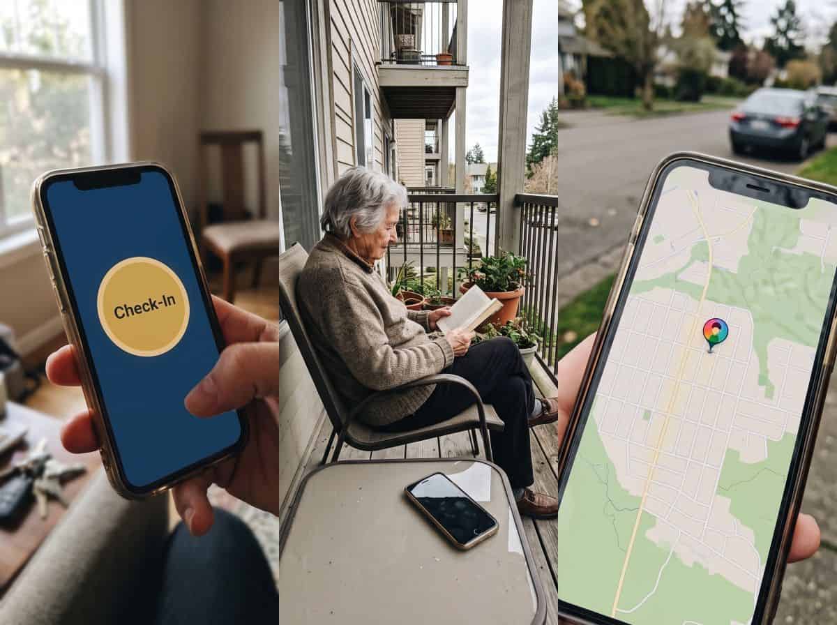 Snug Safety vs Life360 vs Parents are OK: a check-in button, a woman reading beside her phone, a location map