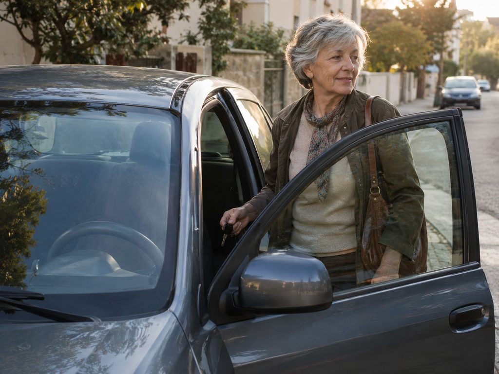 Older woman with short gray hair opening her car door with keys in hand on a quiet street at golden hour