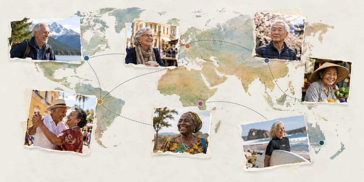 Collage of independent older adults aged 70+ from different regions of the world, shown over a softly sketched world map. The images represent ageing across diverse cultures and lifestyles.