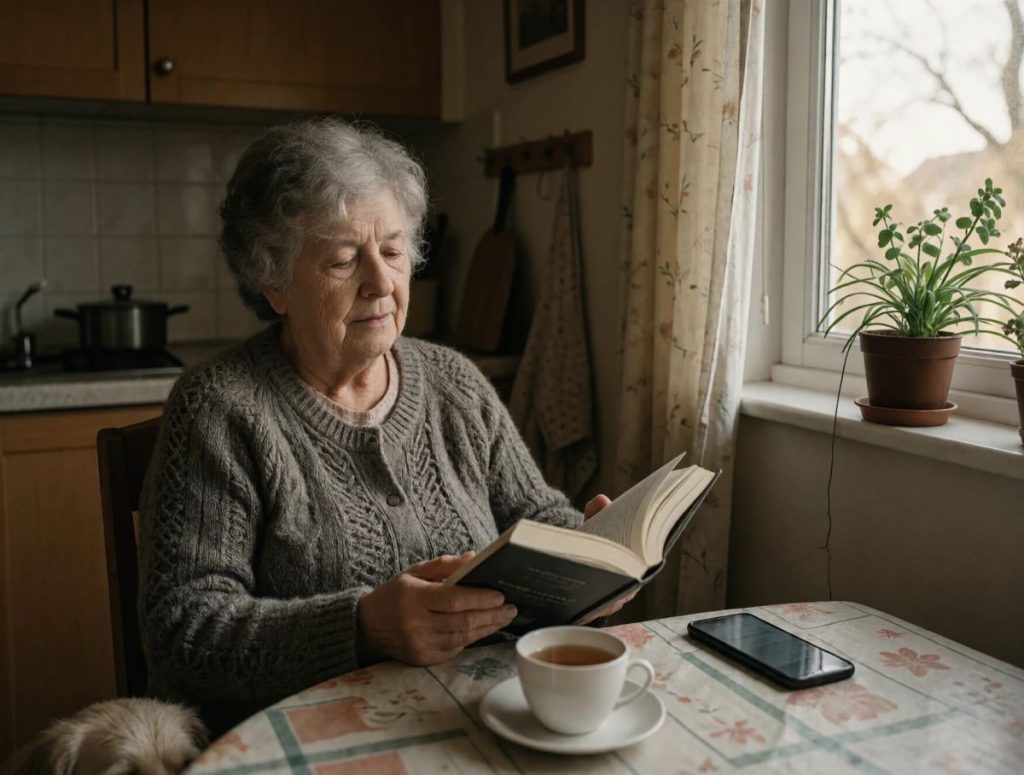 Elderly woman reading a book at her kitchen table with a cup of tea, her phone resting nearby and her dog at her feet