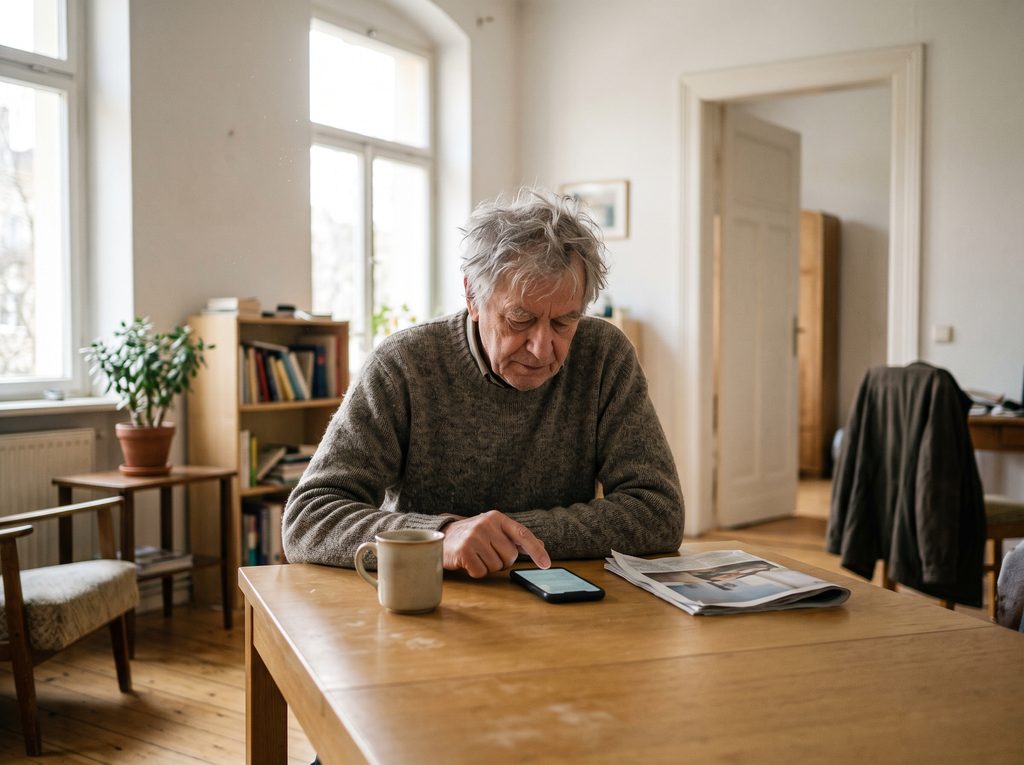 Older man living alone tapping his smartphone at a wooden table, with a mug and newspaper beside him